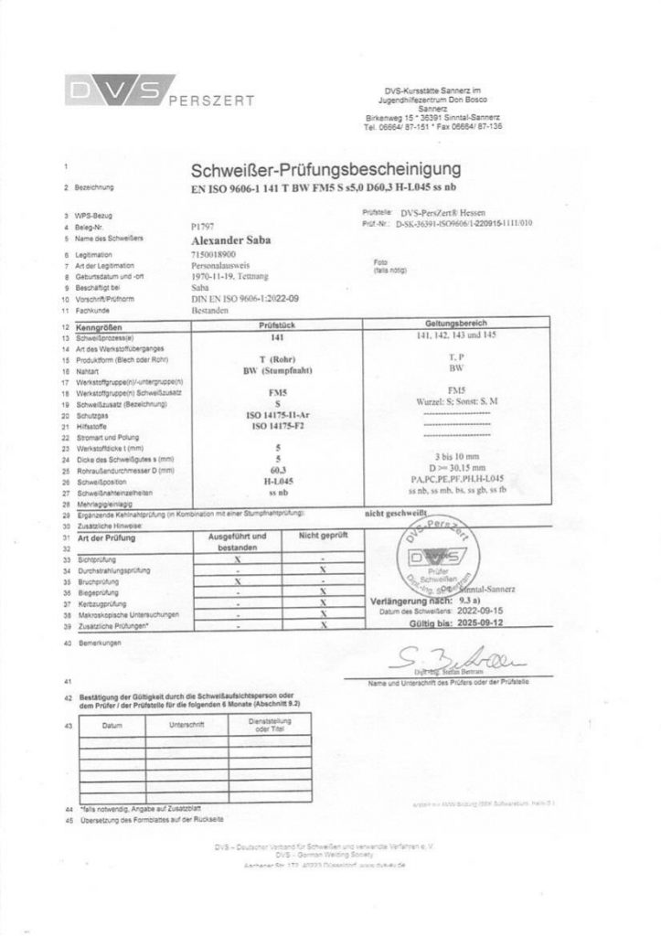 Schweißer-Prüfbescheinigung 5 - 10 mm